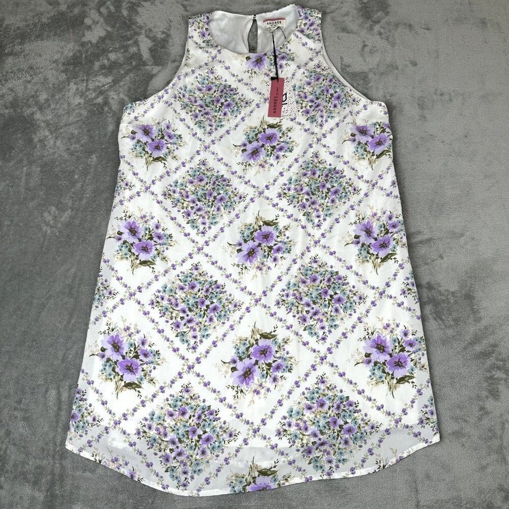 Andree by Unit Floral Dress Size L White Purple Flowers Easter Dress Scoop Neck
